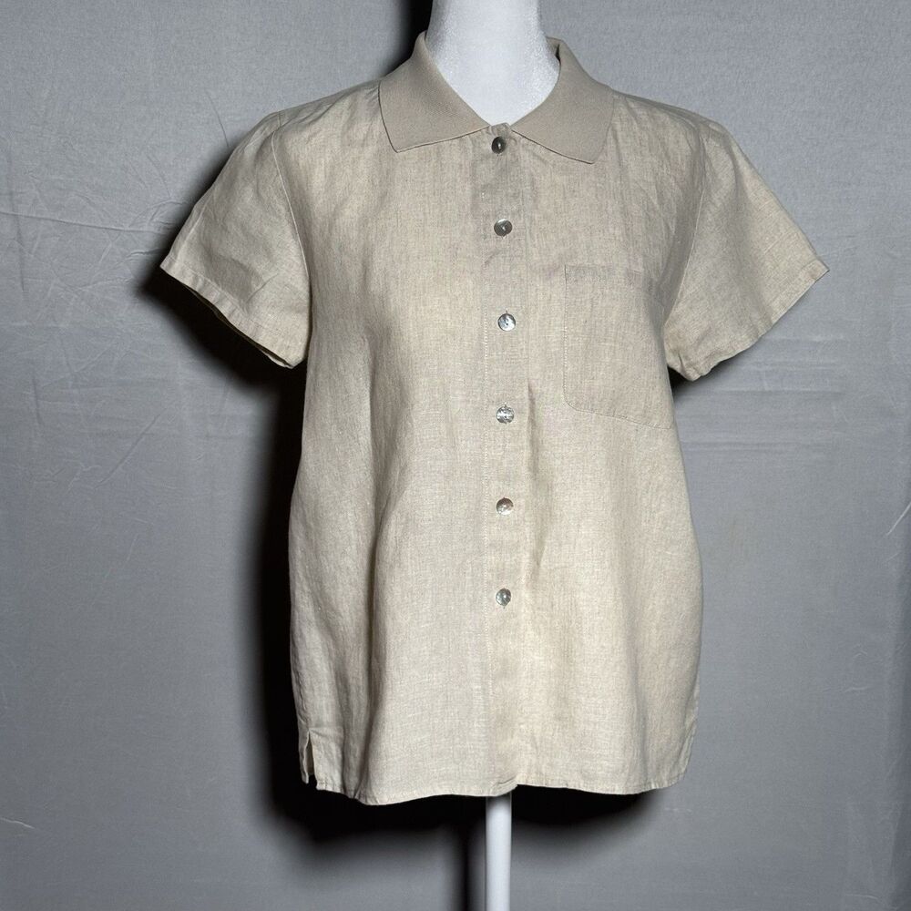 Talbots Womens Size 4 100% Irish Linen Shirt Beige Short Sleeve Button Pocket